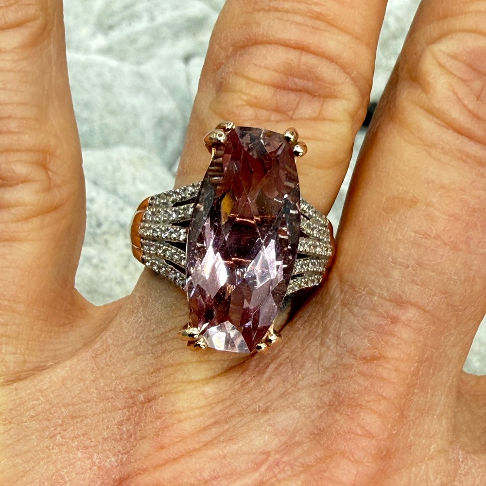 Morganite Cushion Cut Ring Rose Gold Over Sterling CZ Pave Size 7 - Picture 16 of 17